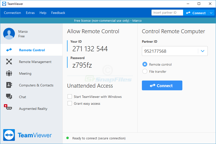 TeamViewer visar Ditt ID och lösenord under Allow Remote Control